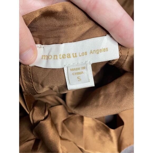 Monteau LA Carmel Brown Satin Cropped Blouse with Tie Back Size Small - Picture 5 of 6